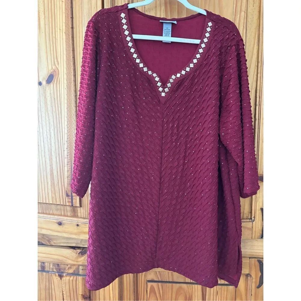 Catherines Dark Red Tunic Top with Sequins and Bling